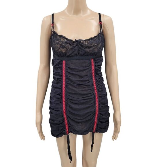 Frederick's of Hollywood Y2K Black Red Ruched Lace Chemise Mini Dress Garters - Picture 1 of 13